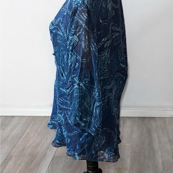 Ice Blue Silk Ruffled Blouse with V-Neckline and Bell Sleeves - Picture 2 of 5